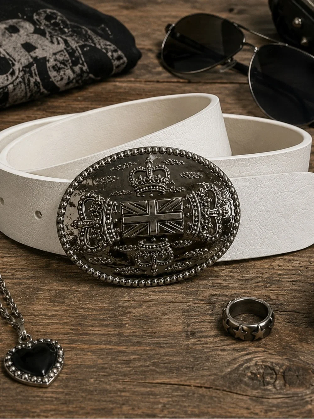 Vintage White Belt Crown Union Jack Buckle Punk Y2K Boho 33-37